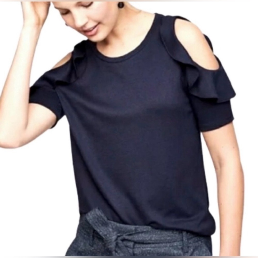 LOFT DARK NAVY SHORT RUFFLE SLEEVE OPEN SHOULDER TOP SIZE SMALL